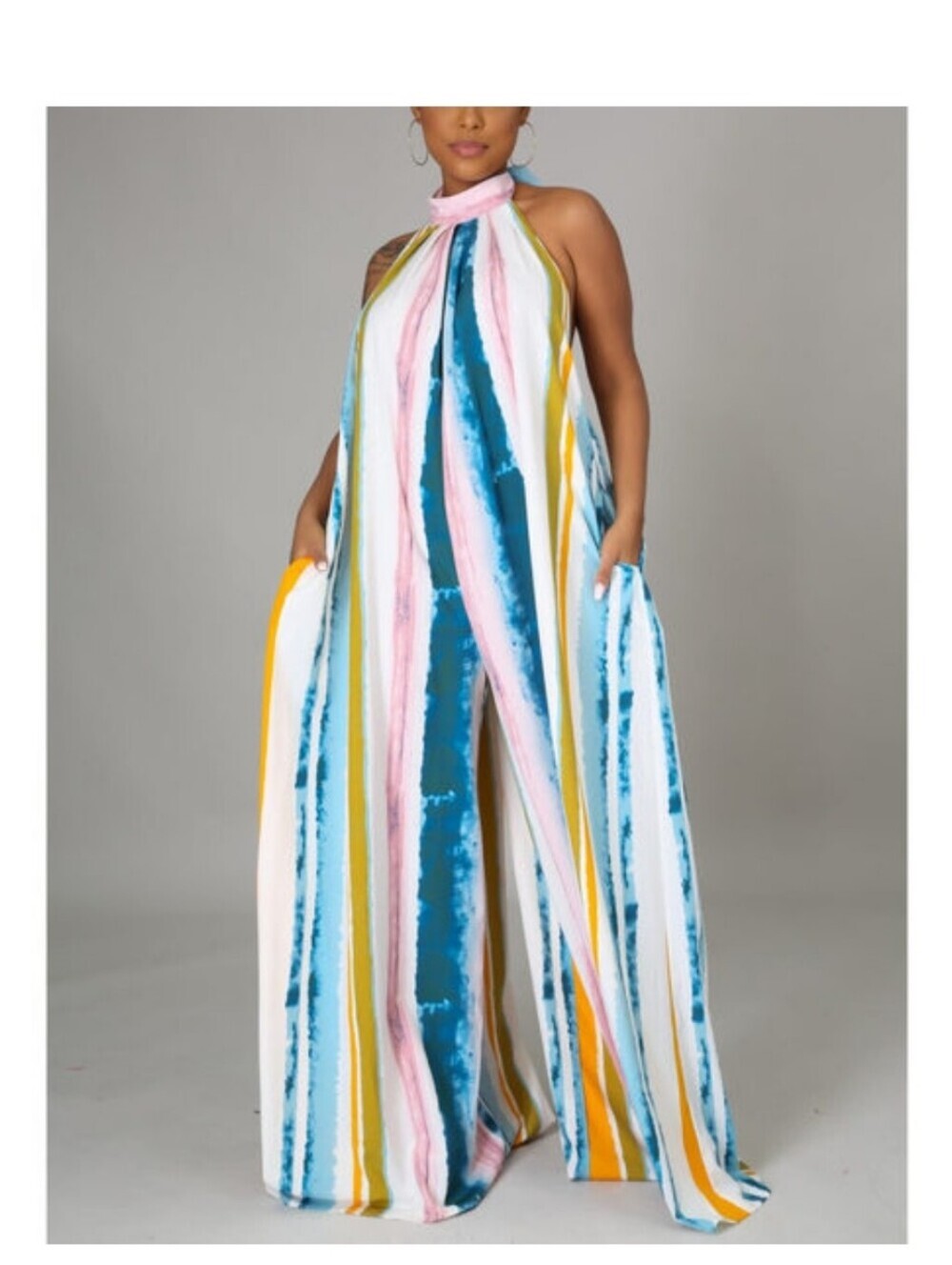 Hers & Mine Savannah Wide-leg Jumpsuit Halter Backless Beachy Striped Multicolor